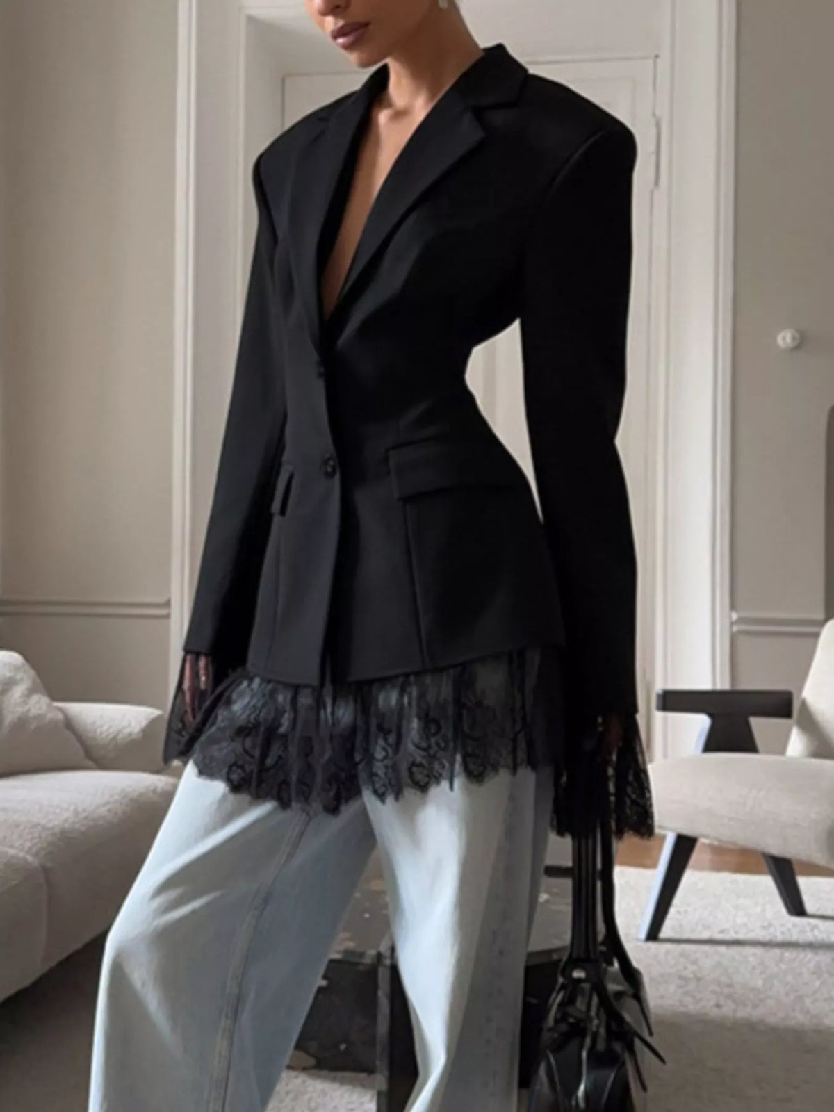 Lace Hem Lapel Collar Blazer - Lilixa.store