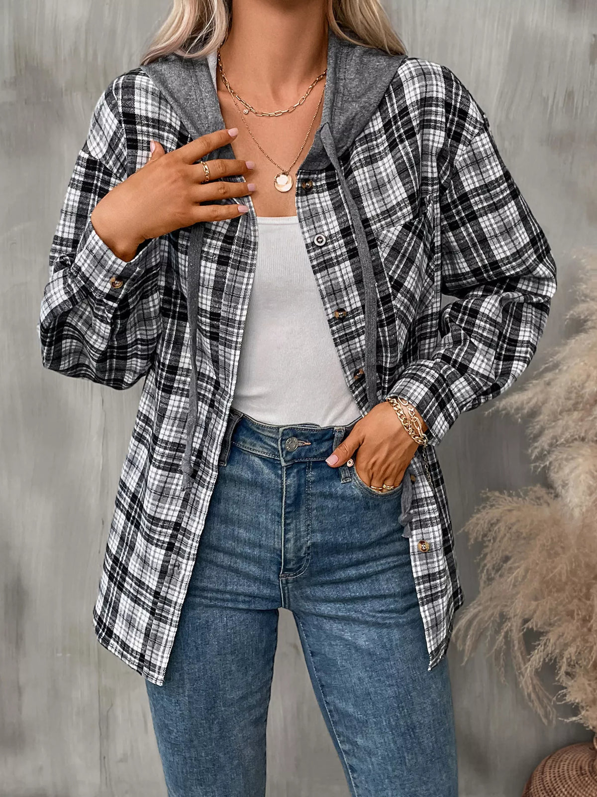 Plaid Button-Up Hooded Shirt with Chest Pocket - Lilixa.store