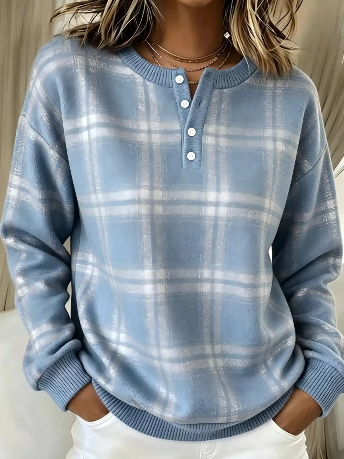 Full Size Plaid Button Detail Long Sleeve Sweatshirt Plus Size - Lilixa.store