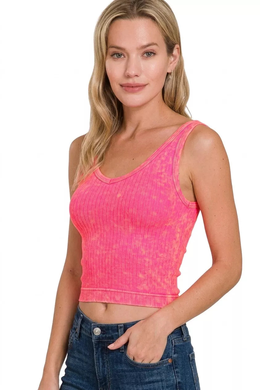 Zenana Washed Ribbed Seamless Cropped V-neck Tank Top - Lilixa.store