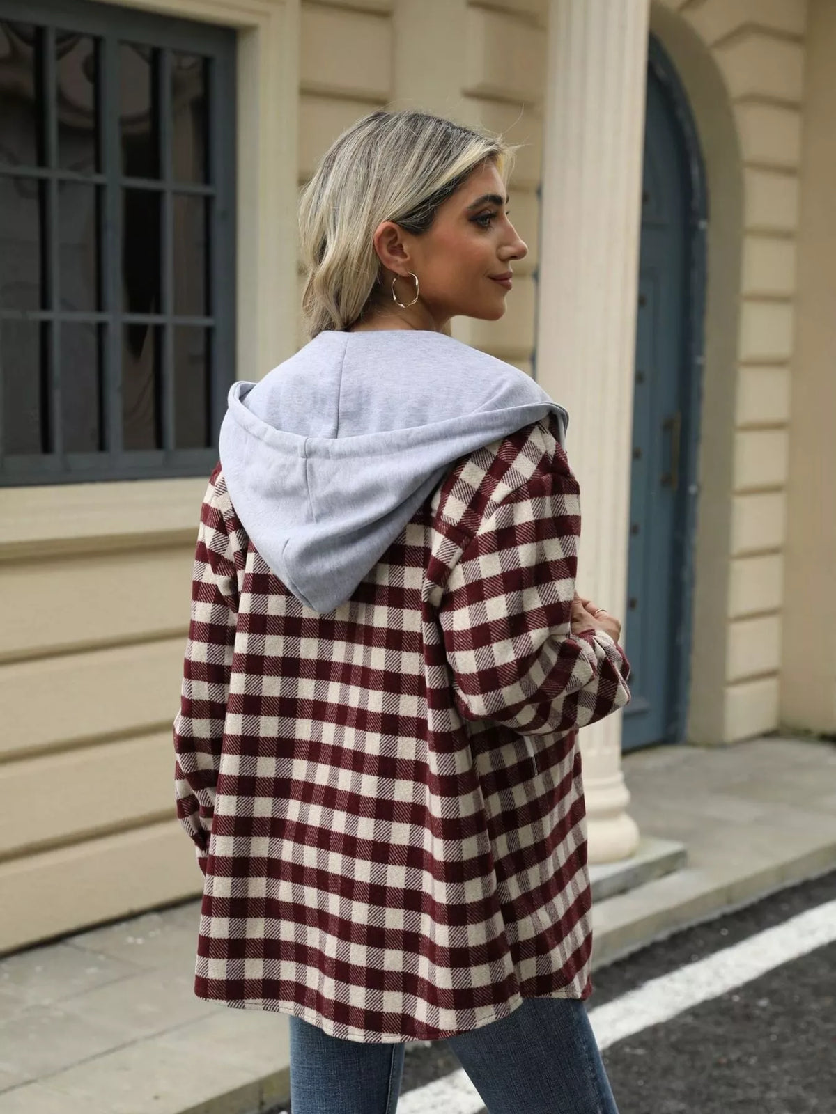 Plaid Button Up Long Sleeve Drawstring Hooded Jacket, view 25
