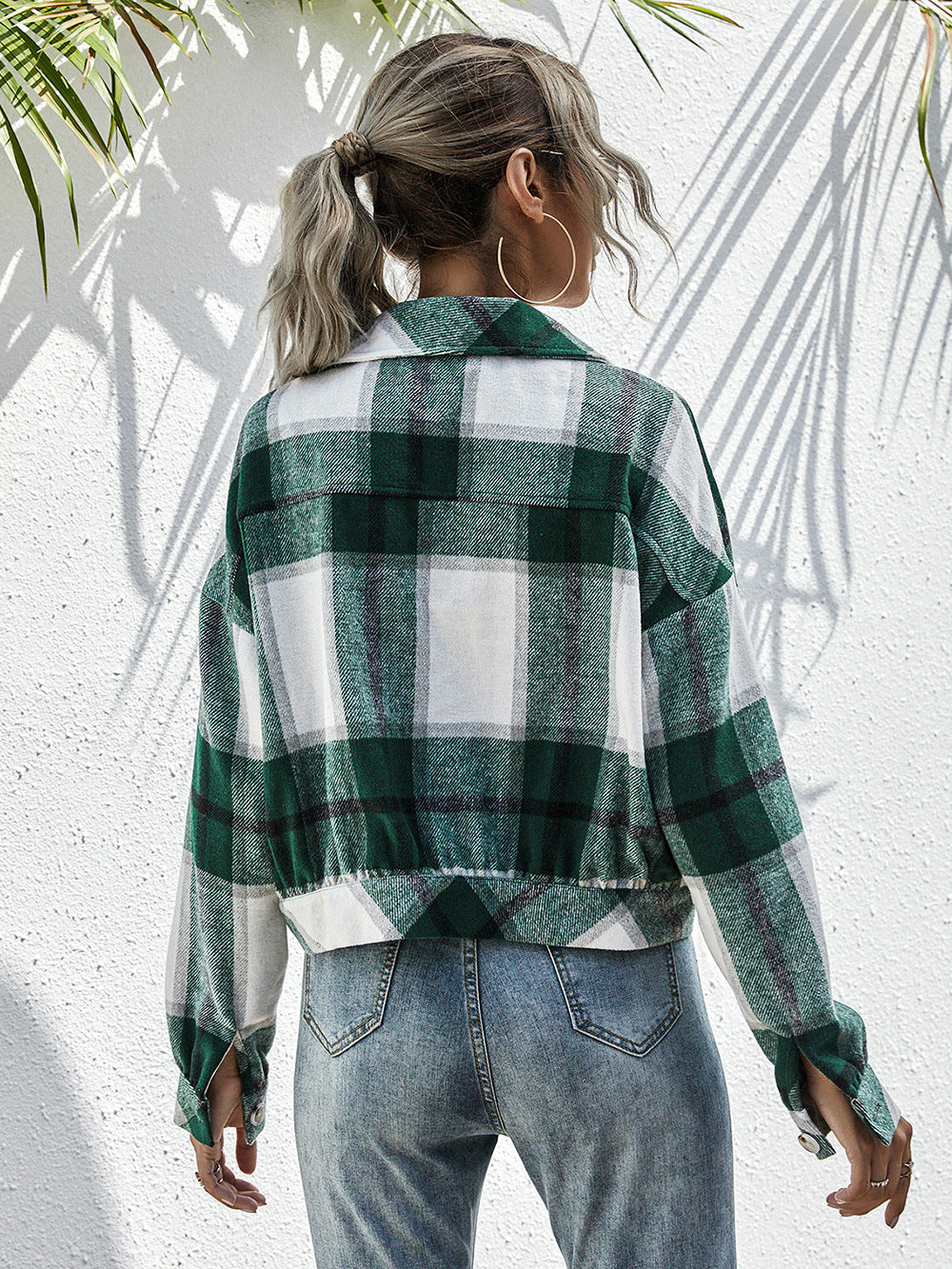 Ivy Lane Plaid Dropped Shoulder Shirt Jacket in Dark Green, view 2
