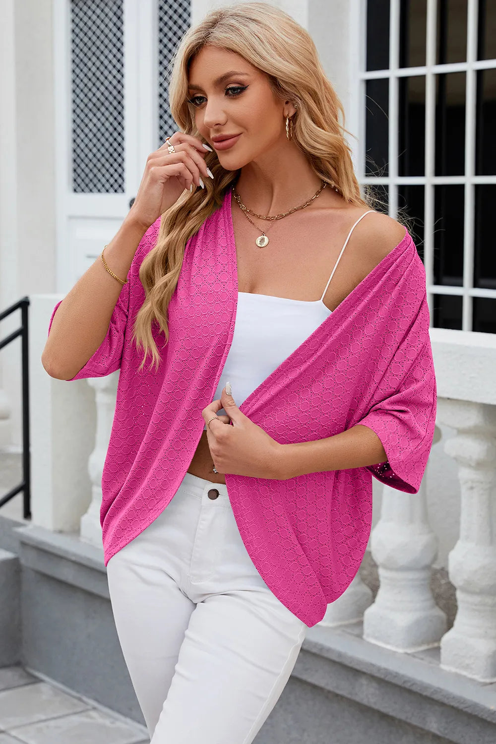 Eyelet Open Front Half Sleeve Cardigan - Lilixa.store