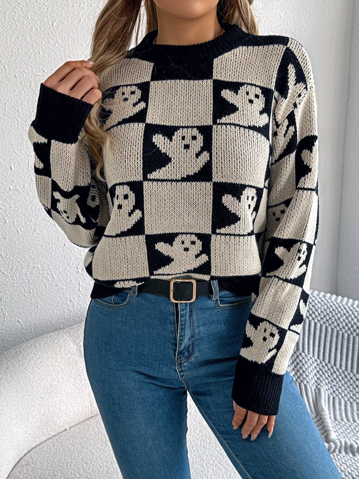 Checkerboard Halloween Graphic Sweater