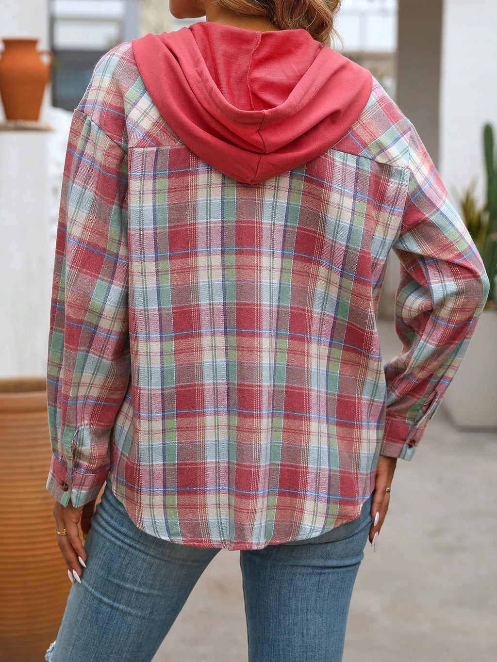 Plaid Button-Up Hooded Shirt with Chest Pocket - Lilixa.store