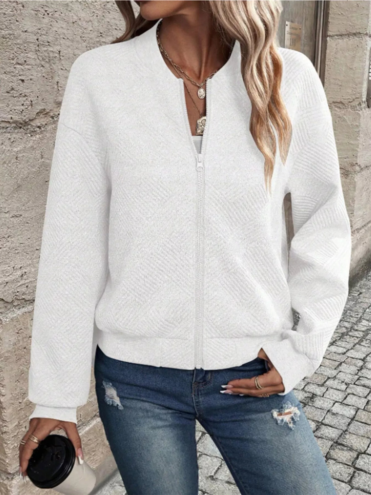 Textured Knit Zip-Up Jacket - Lilixa.store