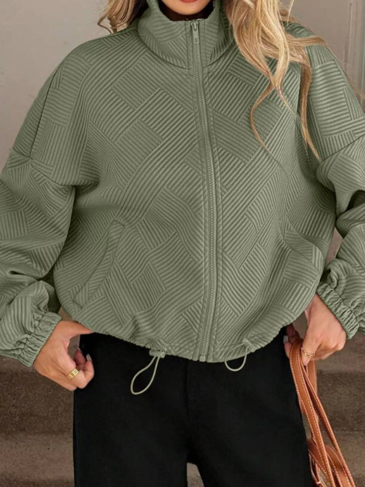 Textured Zip-Up Drawstring Hem Jacket in Sage