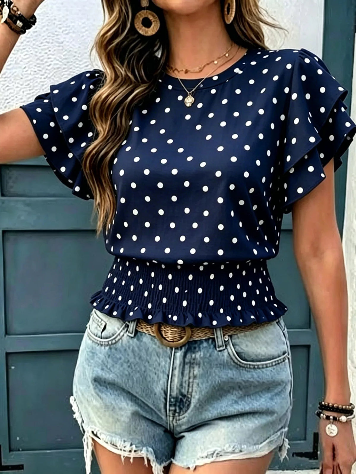 Polka Dot Ruffle Sleeve Blouse - Lilixa.store
