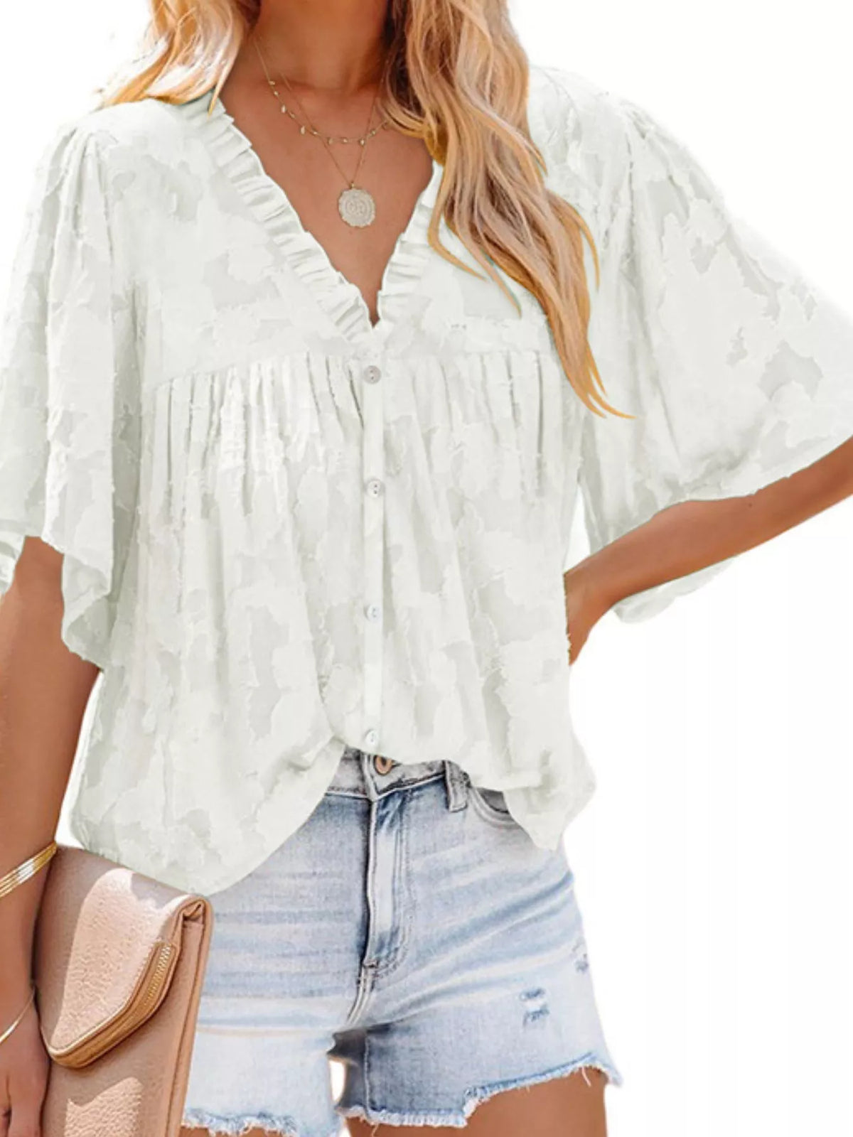 Full Size Textured V-Neck Button-Down Shirt Plus Size - Lilixa.store