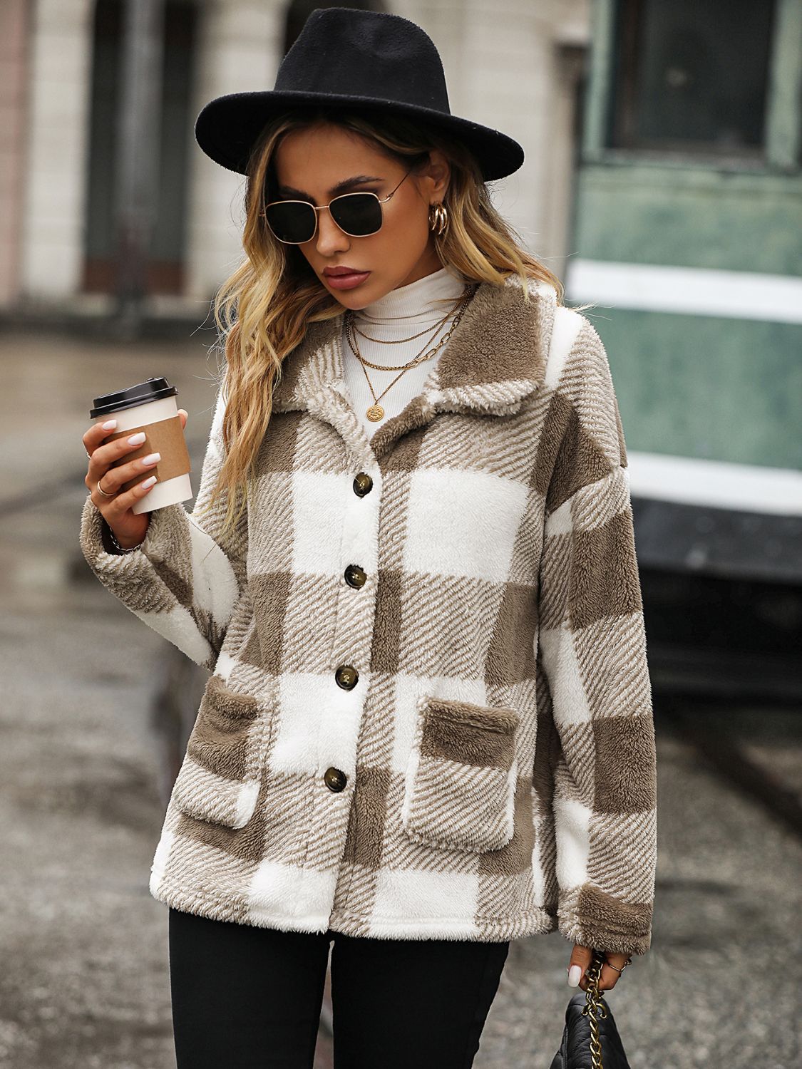 Plaid Collared Neck Button Down Jacket in Khaki