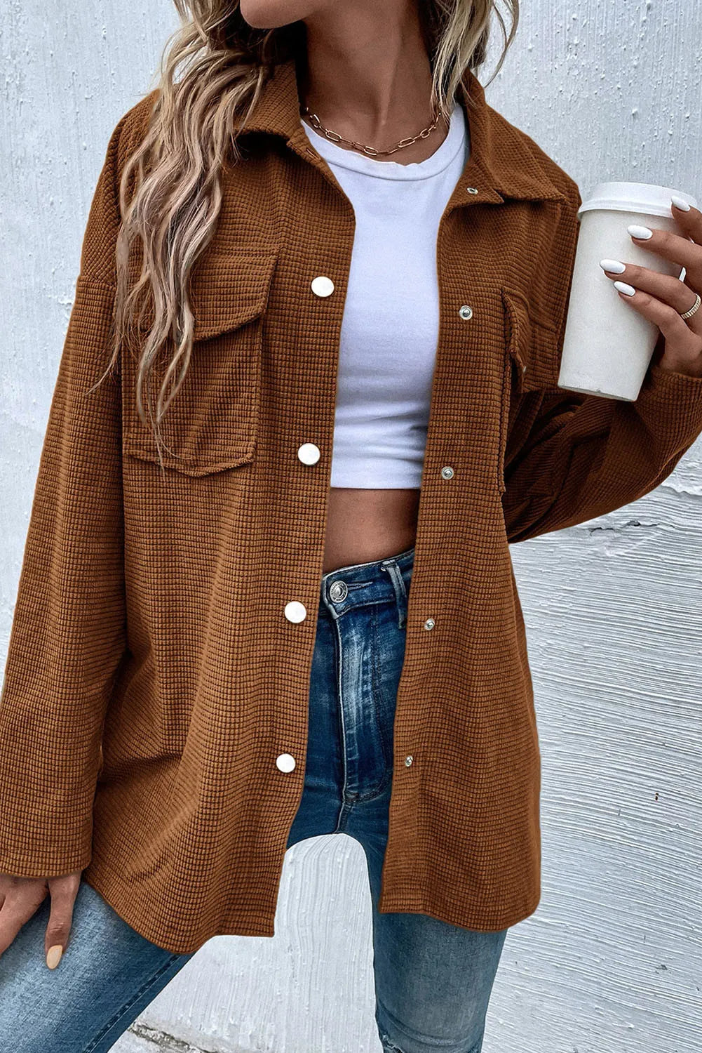 Pocketed Snap Down Long Sleeve Jacket in Brown, view 3