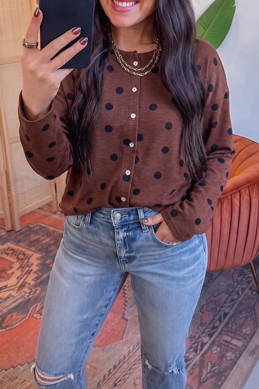 Polka Dot Button Front Long Sleeve Casual Shirt
