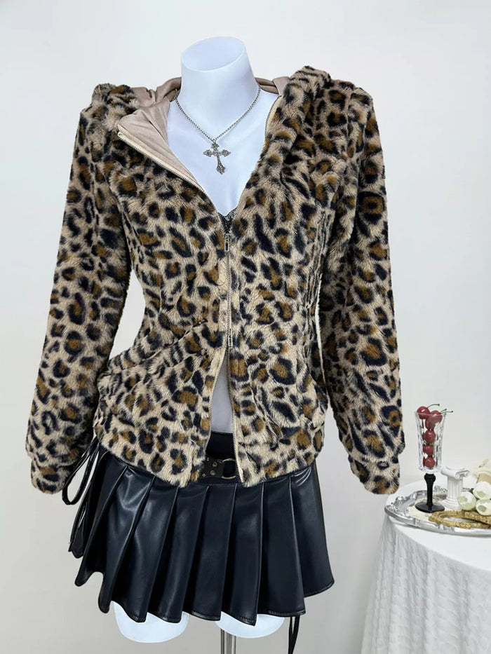 Leopard Plush Zip-Up Hooded Outerwear in Brown