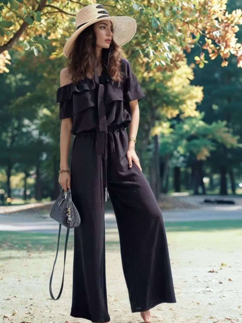Ruffled Off  Shoulder Wide Leg Jumpsuit - Lilixa.store