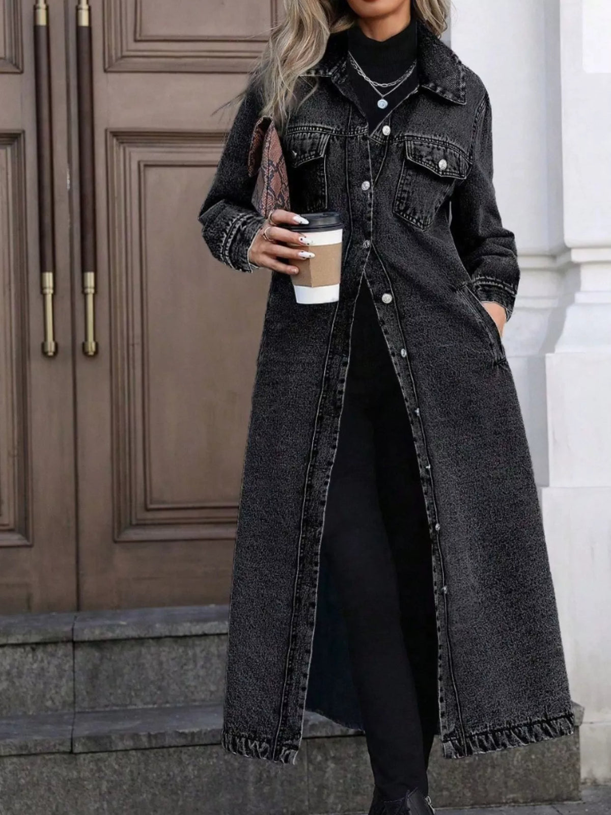 Longline Button-Front Denim Jacket in Dark Gray