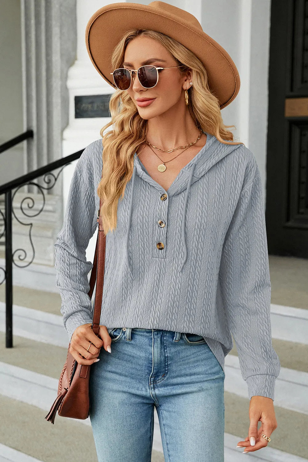 Drawstring Half Button Long Sleeve Hoodie - Lilixa.store