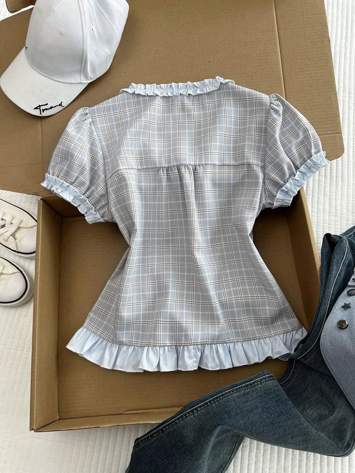 Plaid Ruffle Trim Puff Sleeve Blouse in Blue, view 5