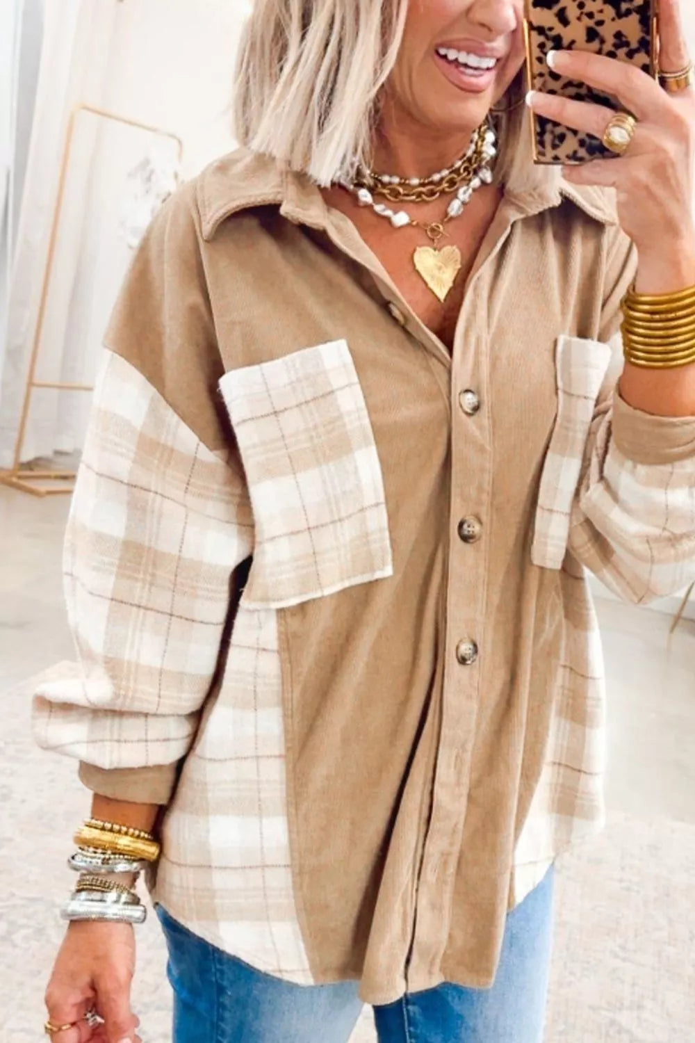 Plaid Colorblock Shirt Collar Shift Shacket in Camel, view 3
