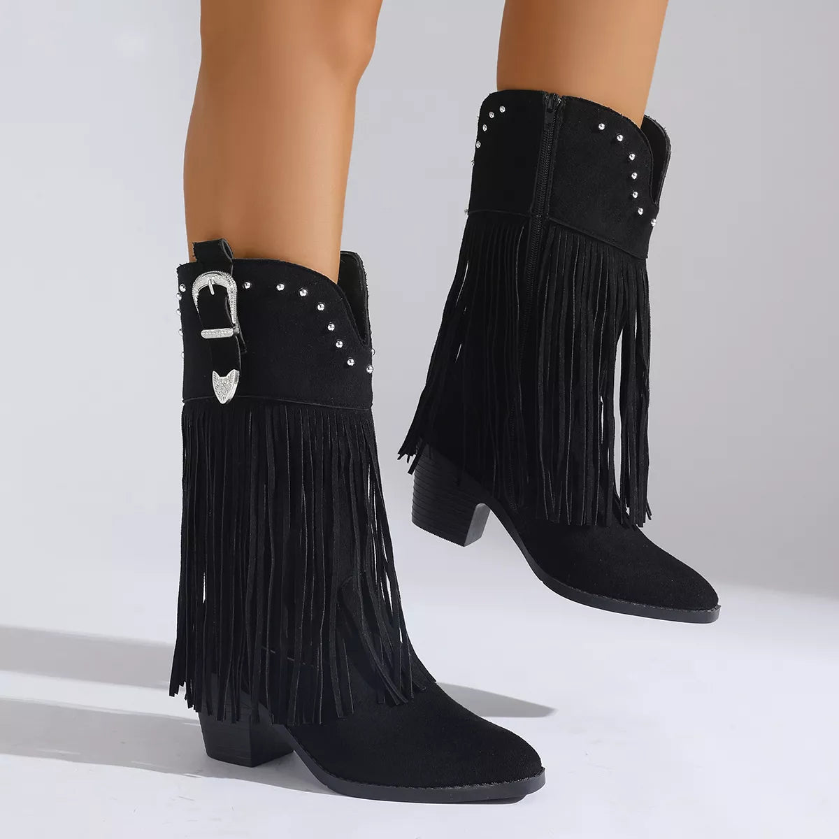 Fringe Round Toe Block Heels Boots - Lilixa.store