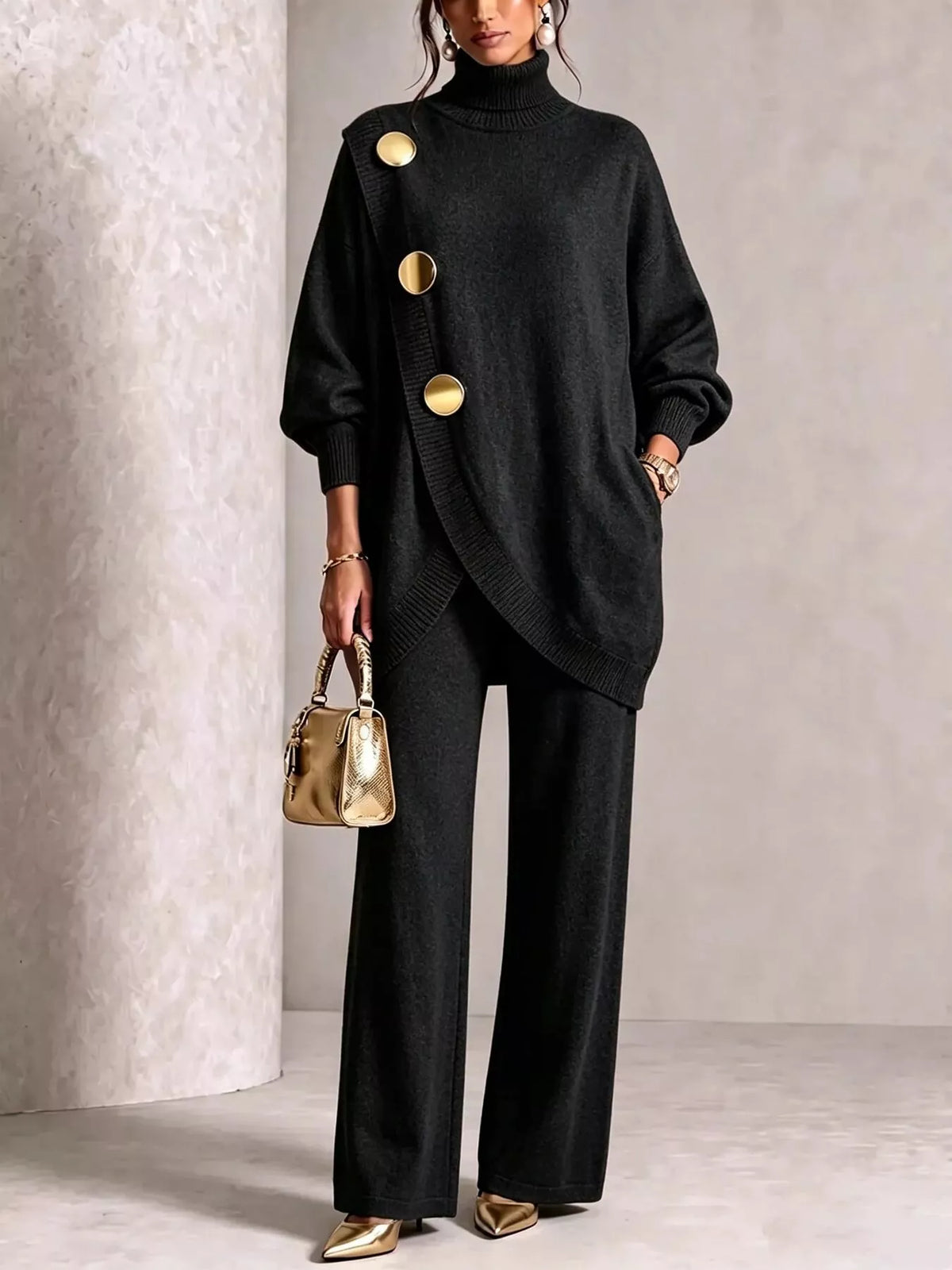 Gold Button Accent Turtleneck Sweater and Pants Set in Black