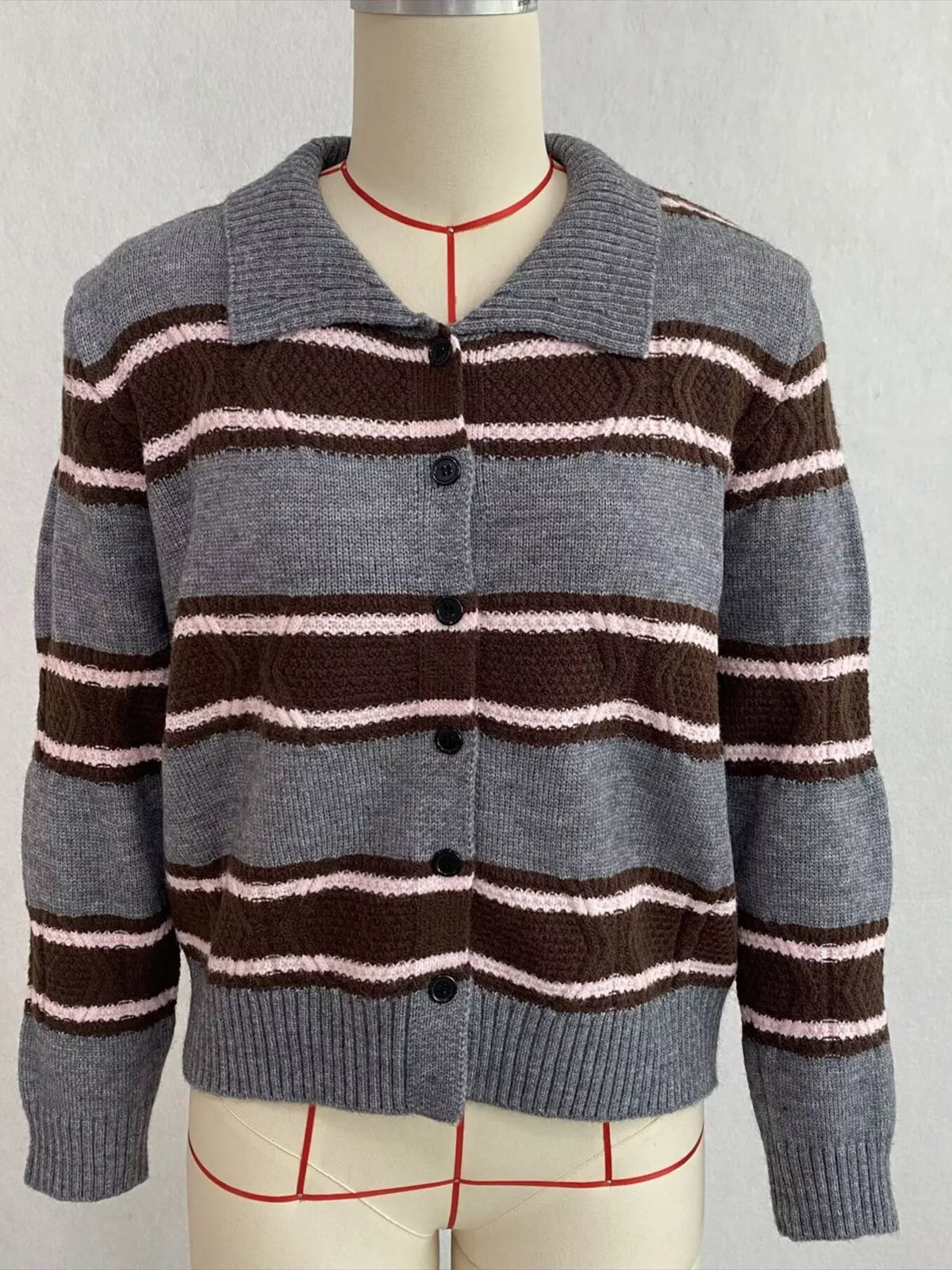Vintage-Inspired Striped Knit Cardigan with Polo Collar, view 17