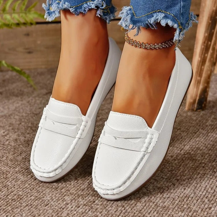PU Leather Round Toe Flat Slip-Ons in White