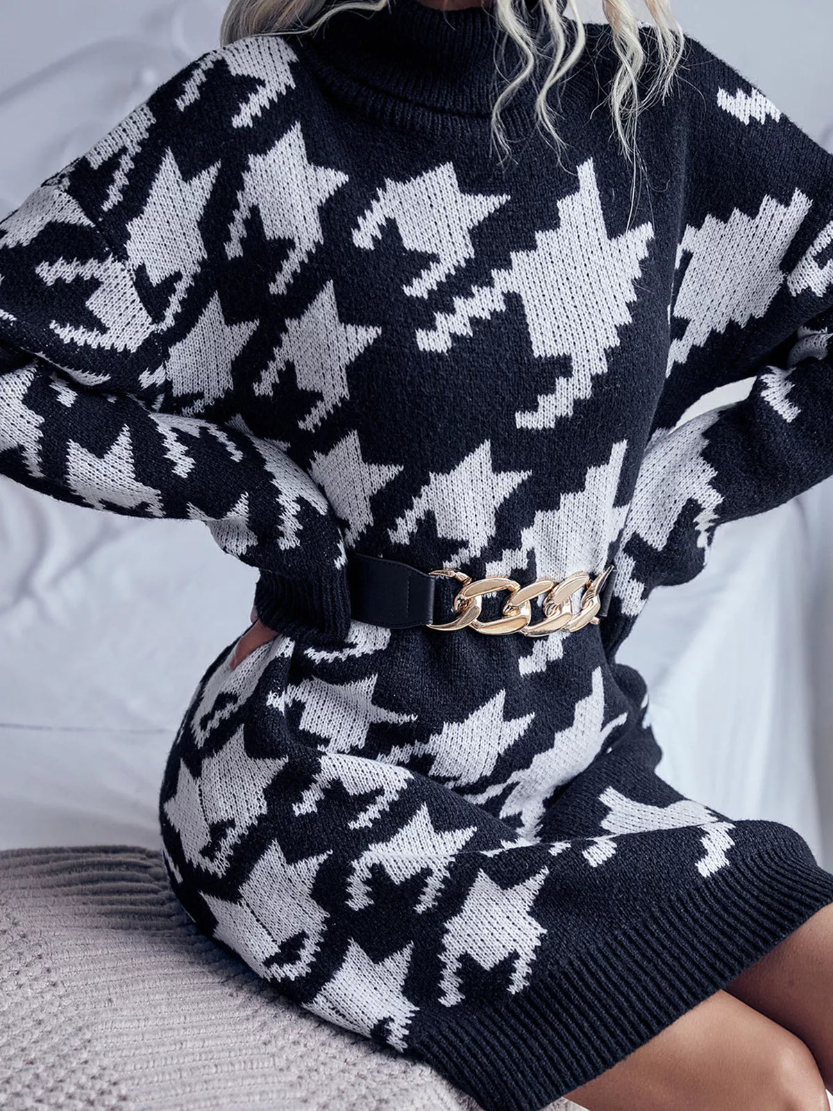 Houndstooth Pattern Turtleneck Sweater Dress in Black, view 4