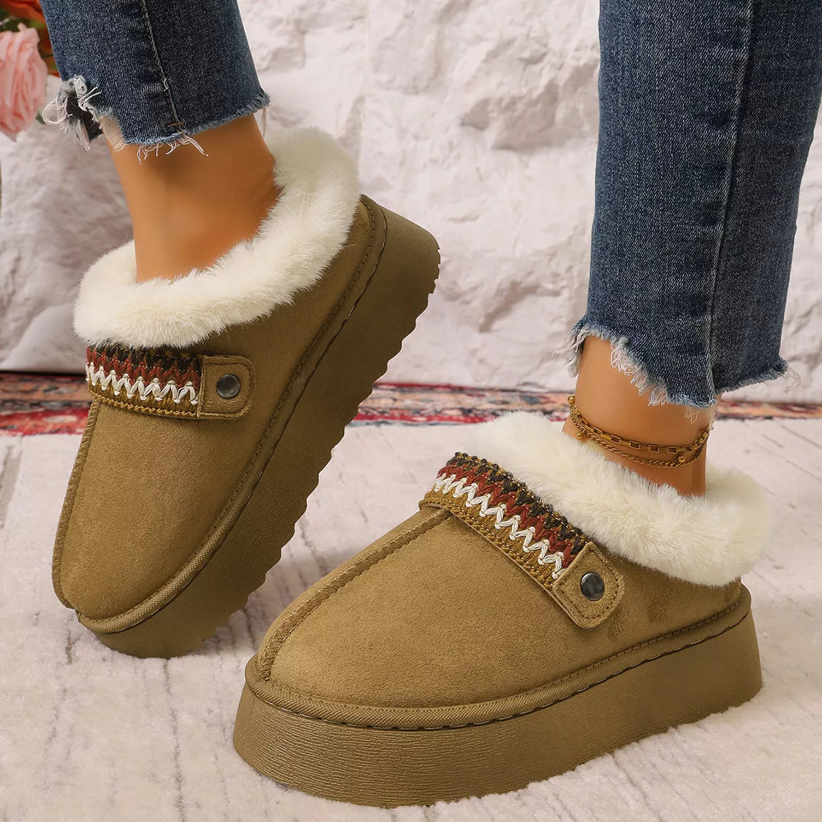 Platform Faux Fur Lined Suede Slip-On Boots in Camel Color