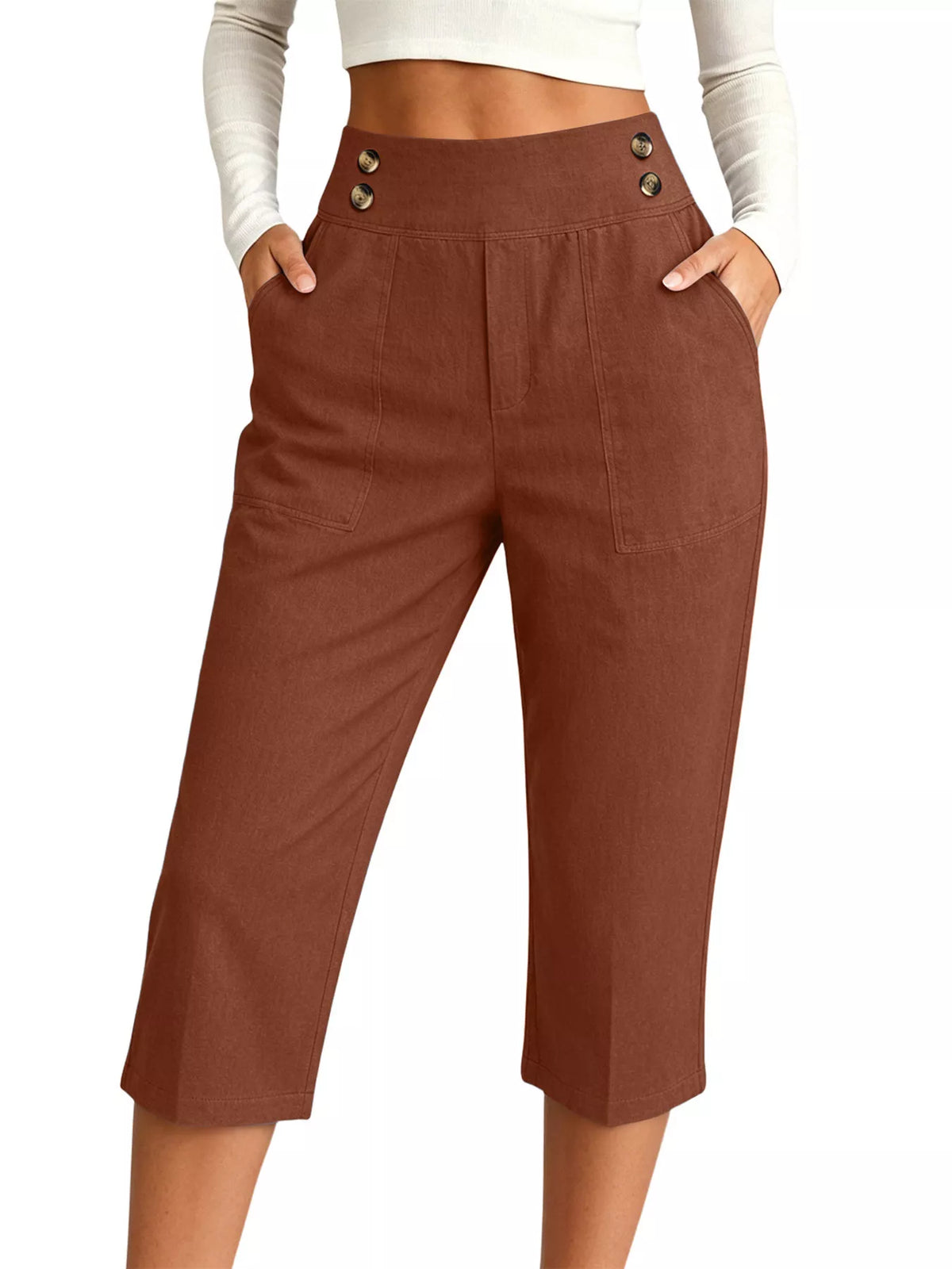 Full Size High-Waisted Button-Detail Cropped Pants Plus Size in Coffee