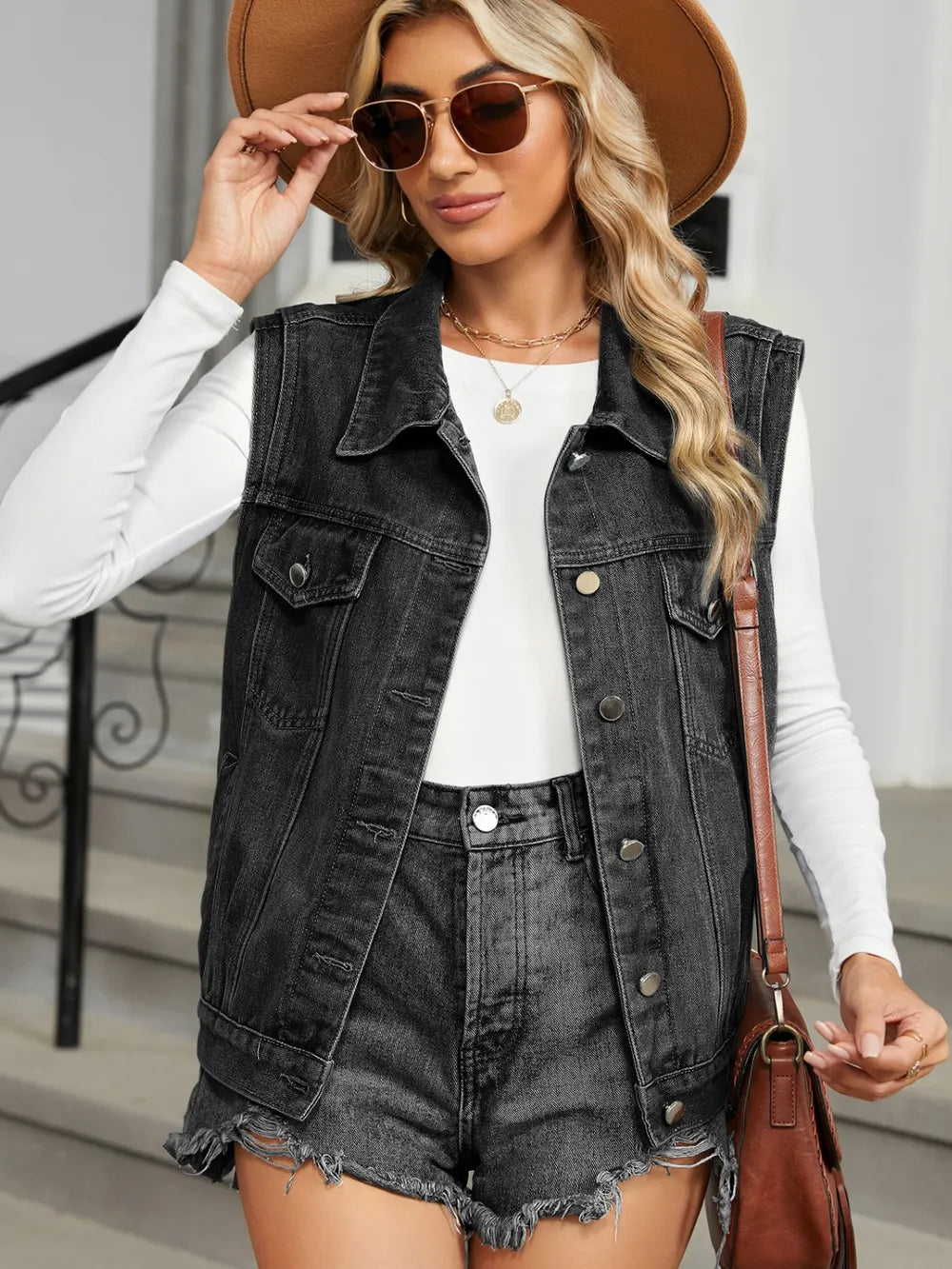 Pocketed Button Up Sleeveless Denim Jacket in Black, view 4