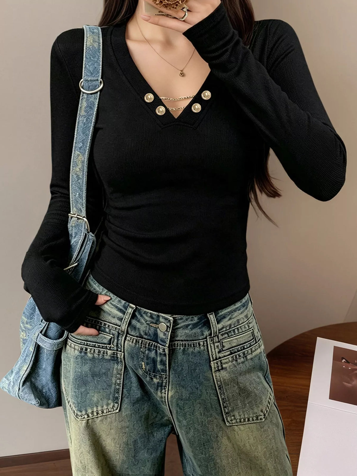 Decorative Pearl Buttons V-Neck Long Sleeve T-Shirt - Lilixa.store
