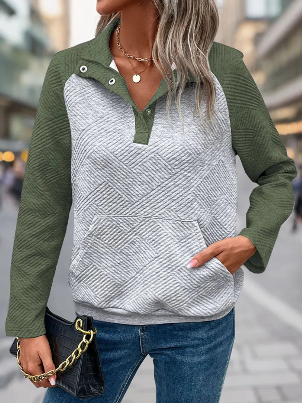 Perfee Contrast Textured Long Sleeve Sweatshirt - Lilixa.store