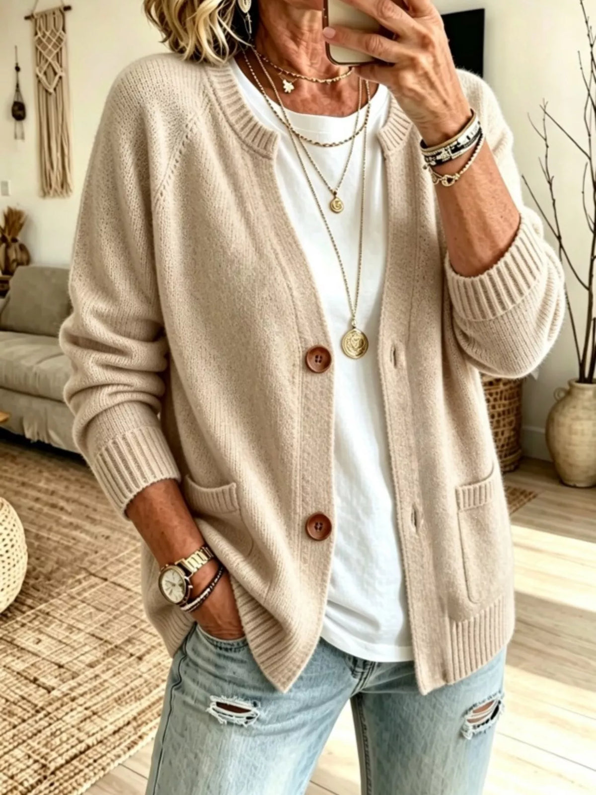 Full Size Button Up Raglan Sleeve Cardigan Plus Size