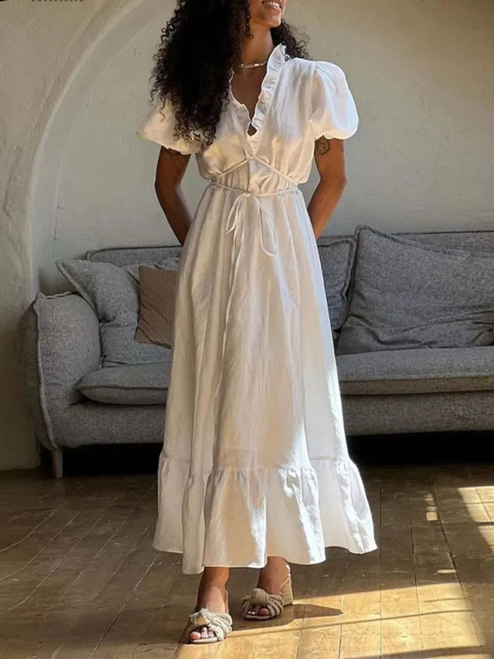 Full Size Puff Sleeve Ruffle Trim Maxi Dress Plus Size in White