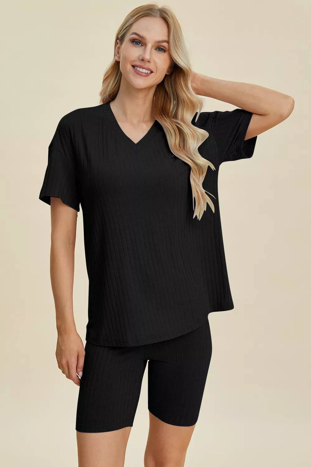 Basic Bae Full Size Ribbed V-Neck Short Sleeve Top and Shorts Set - Lilixa.store