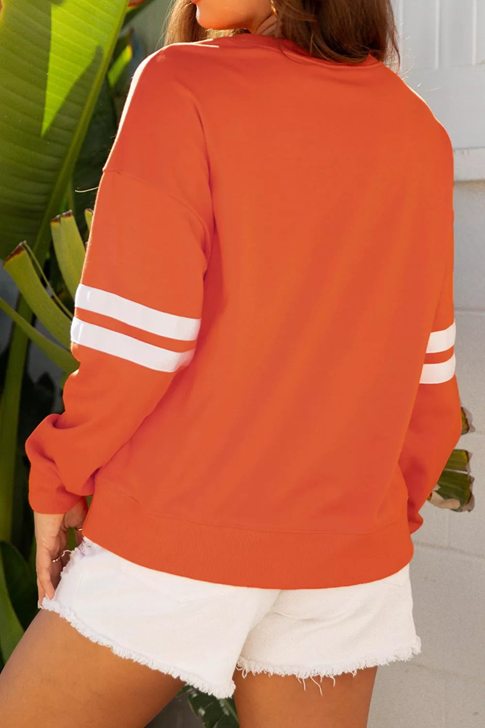 Spooky Season Ghost Graphic Varsity Striped Sleeve Halloween Pullover Sweatshirt - Lilixa.store