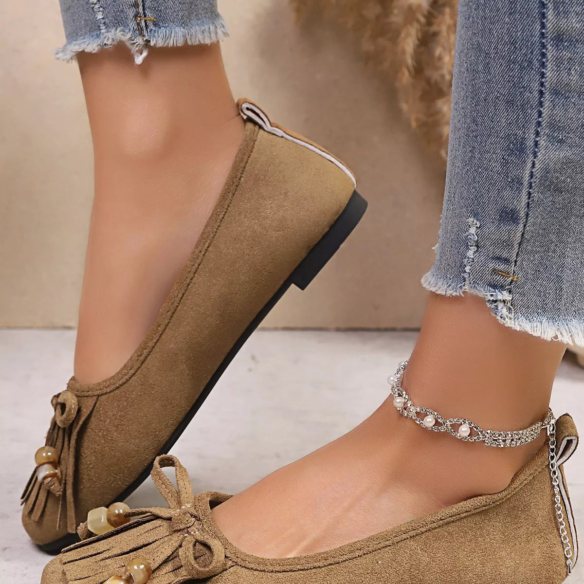 Suede Fringe Slip-Ons, view 4