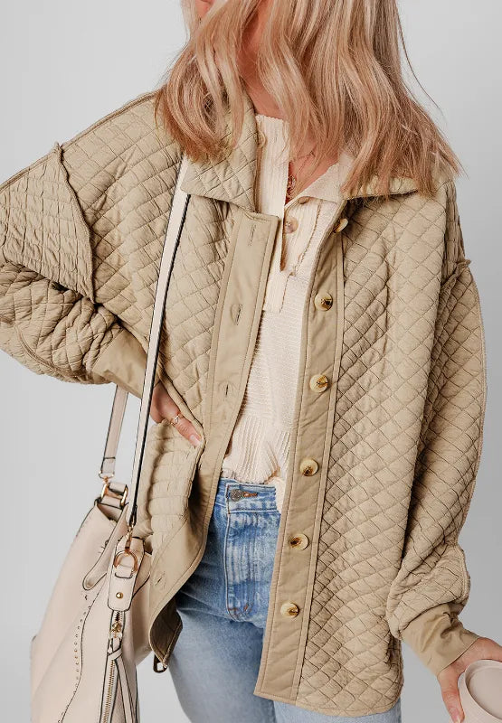 Exposed Seam Collared Neck Button Up Shacket in Beige, view 3