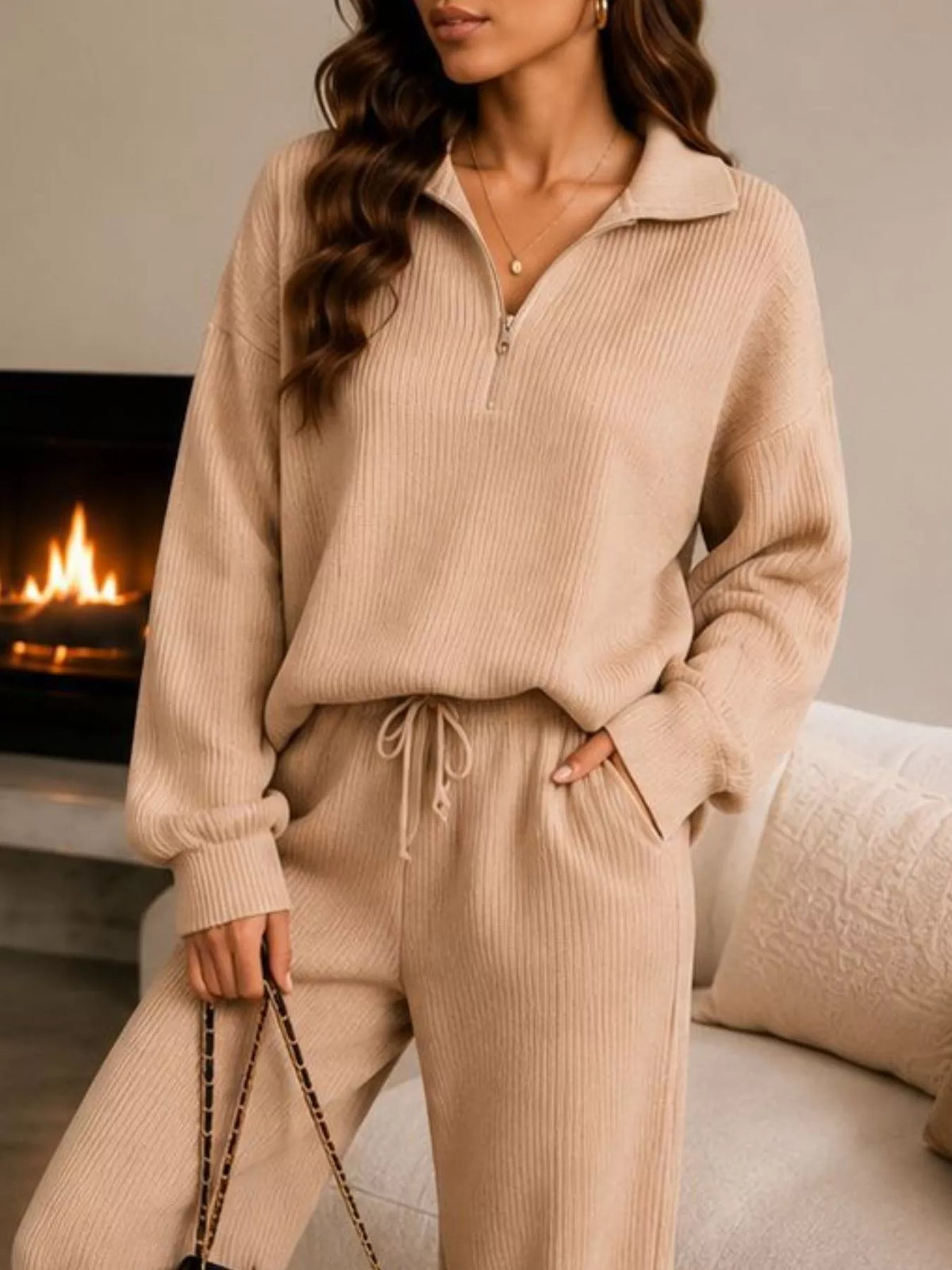 Ribbed Knit Quarter-Zip Top and Wide-Leg Pants Set - Lilixa.store