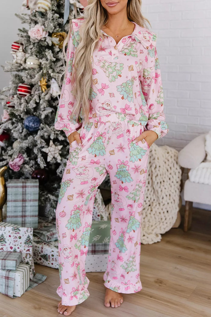 Christmas Print Button Front Long Sleeve Lounge Set in Blush Pink