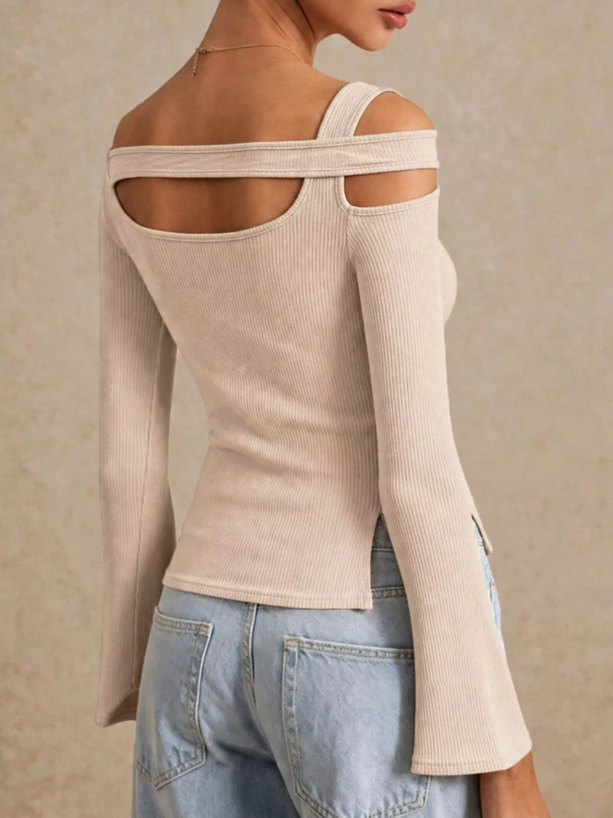 Side Slit Cutout Ribbed Long Sleeve T-Shirt