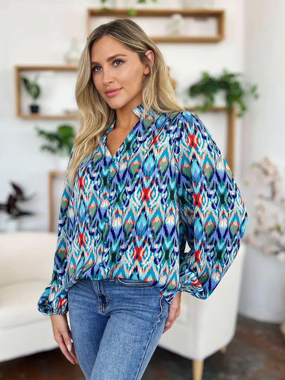 Double Take Full Size Printed Balloon Sleeve Blouse - Lilixa.store