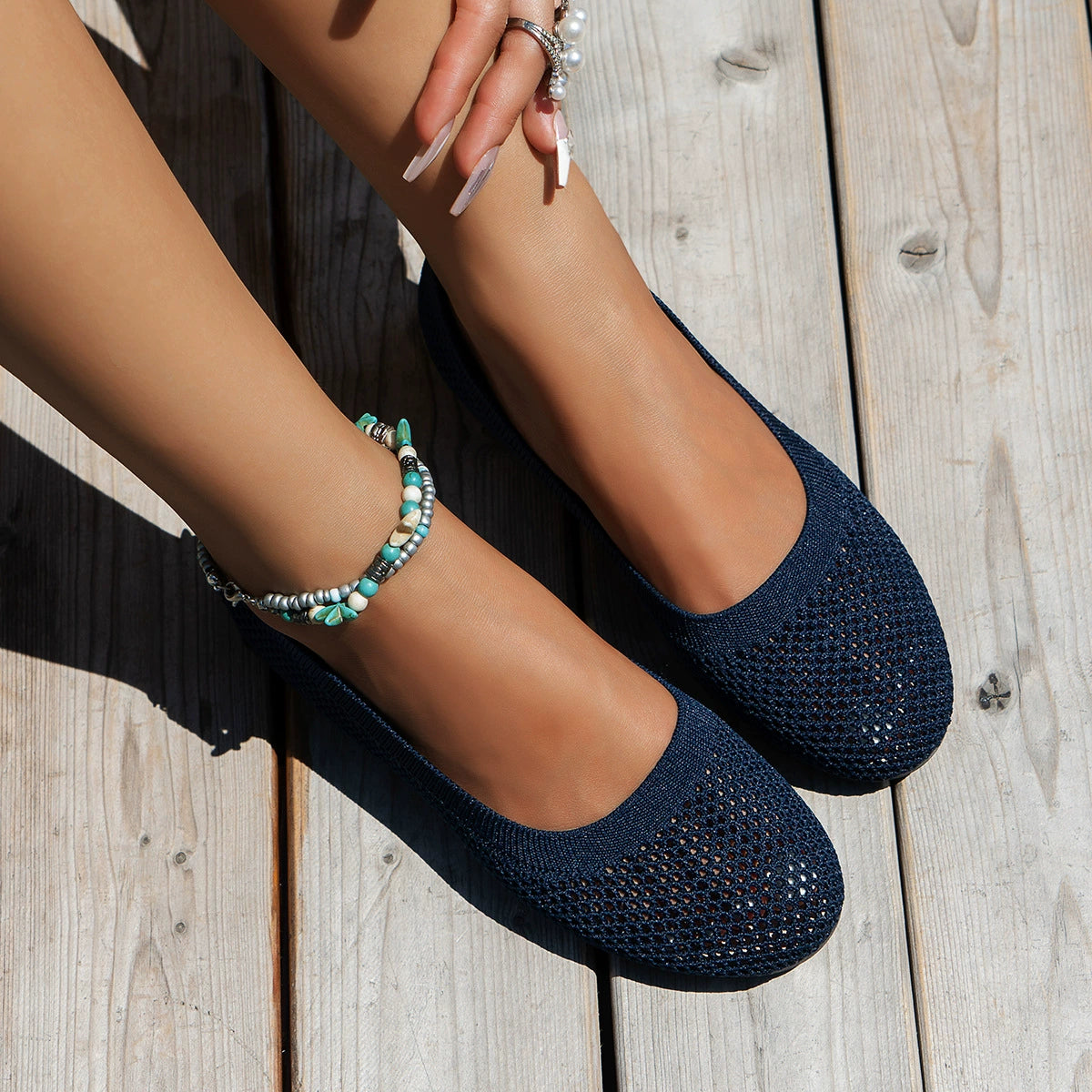 Solid Color Mesh Flat Slip-Ons in Indigo