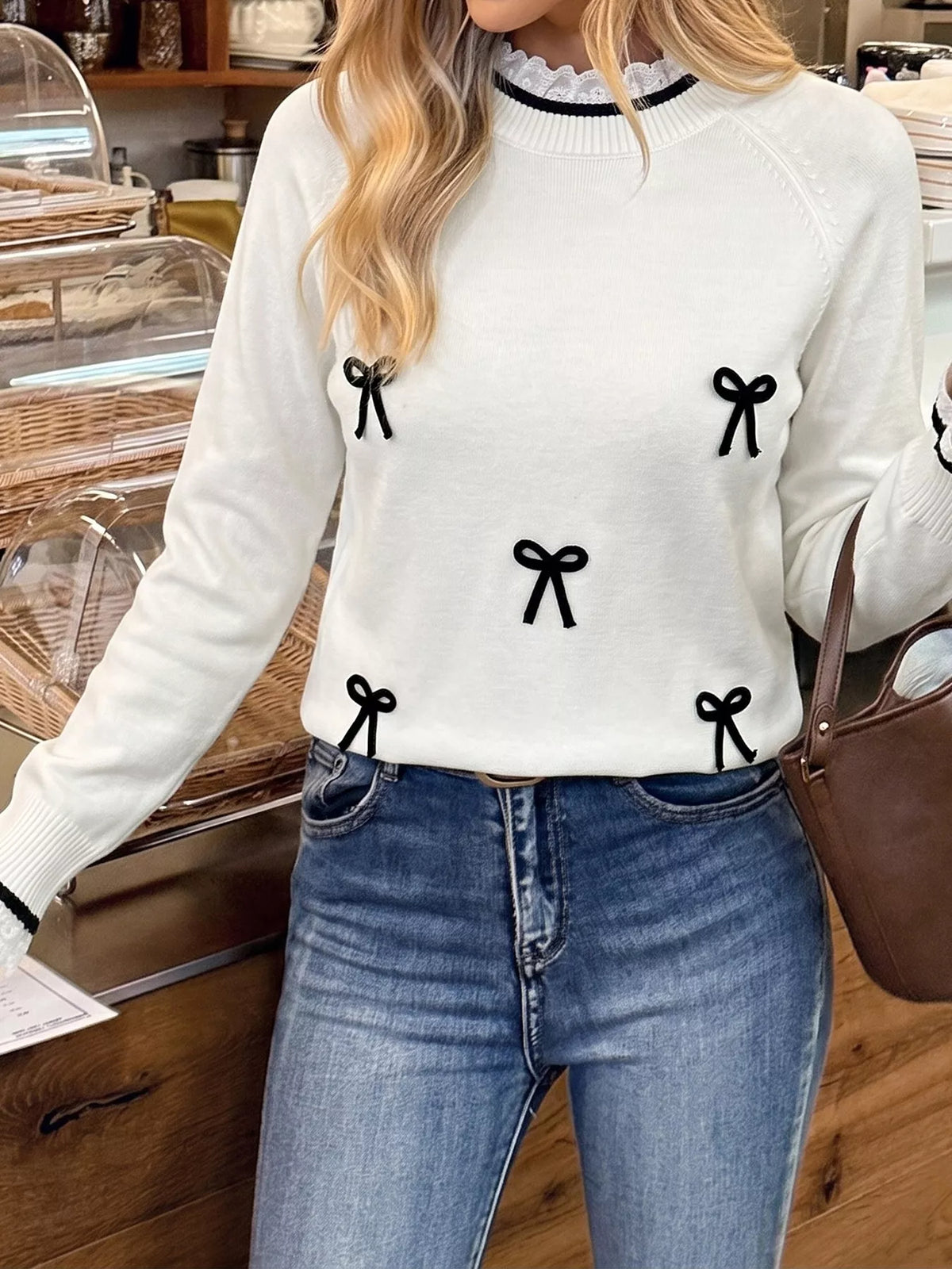 Bow-Embellished Lace Trim Sweater in White, view 5