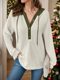 Full Size Waffle-Knit Contrast Long Sleeve Hoodie - Lilixa.store