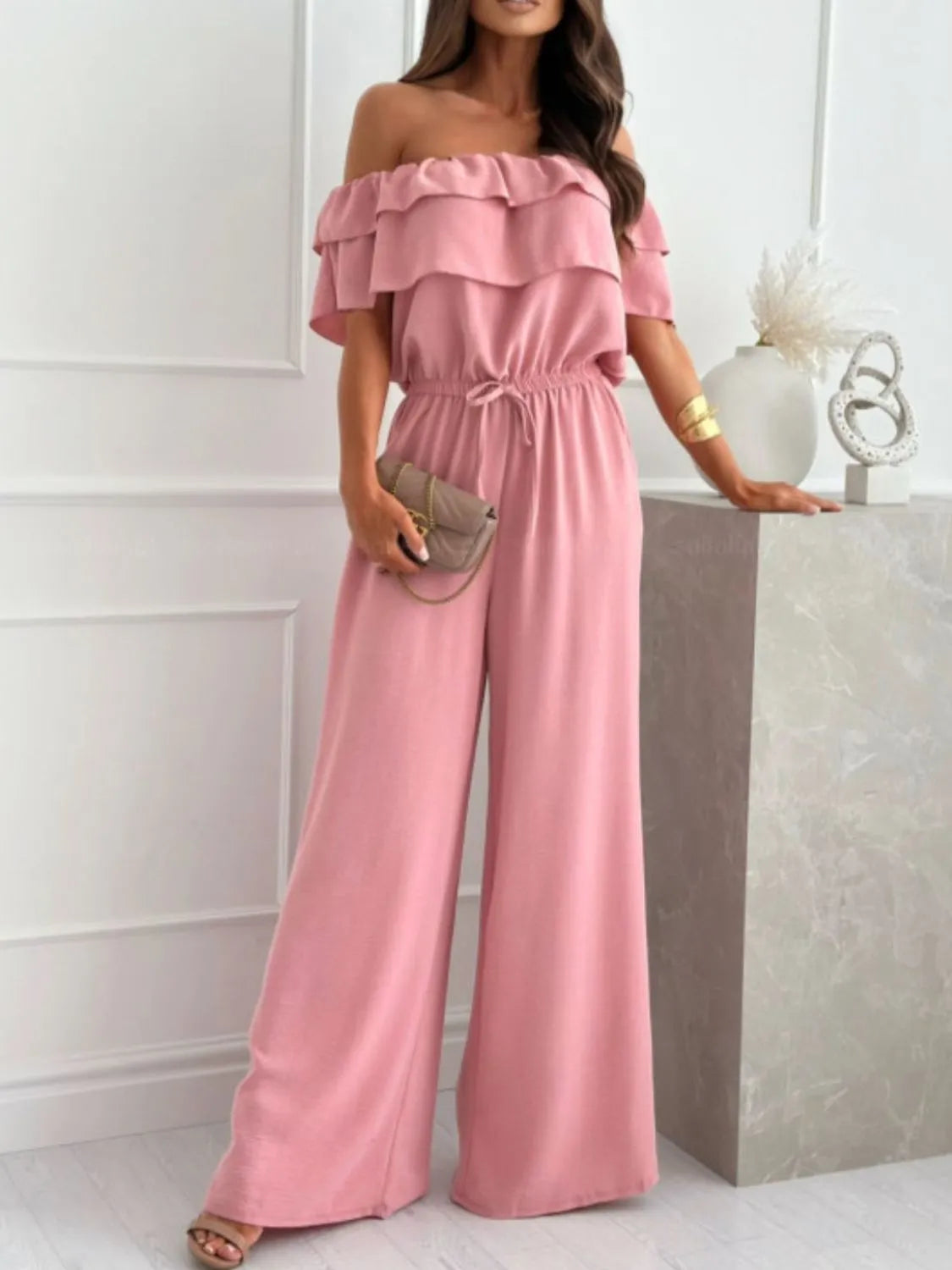 Off-Shoulder Ruffled Wide Leg Jumpsuit - Lilixa.store