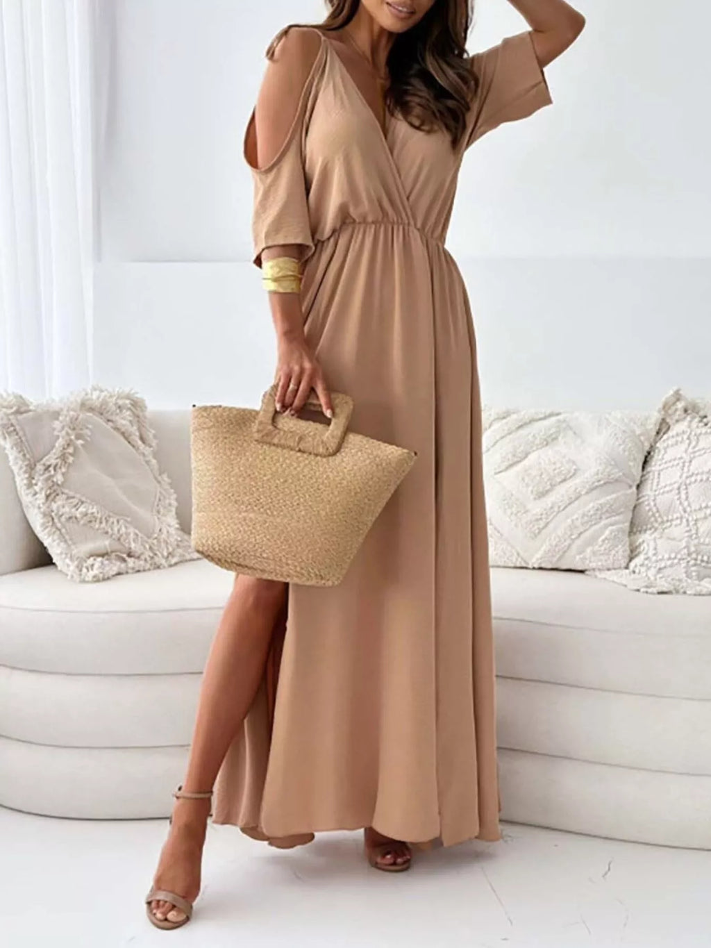 Slit Cold Shoulder Maxi Dress - Lilixa.store