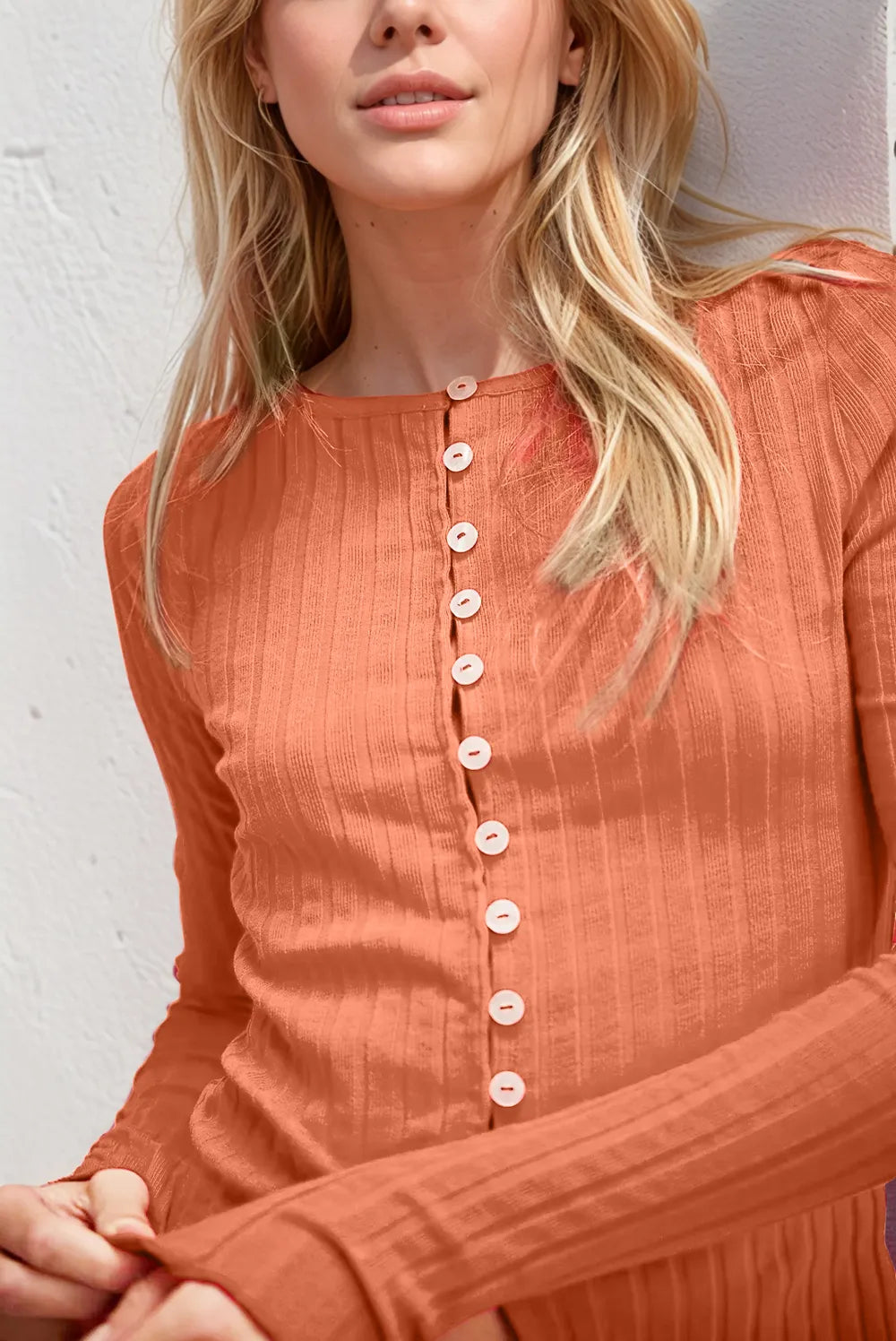 Basic Bae Texture Button Up Round Neck Long Sleeve Top, view 4