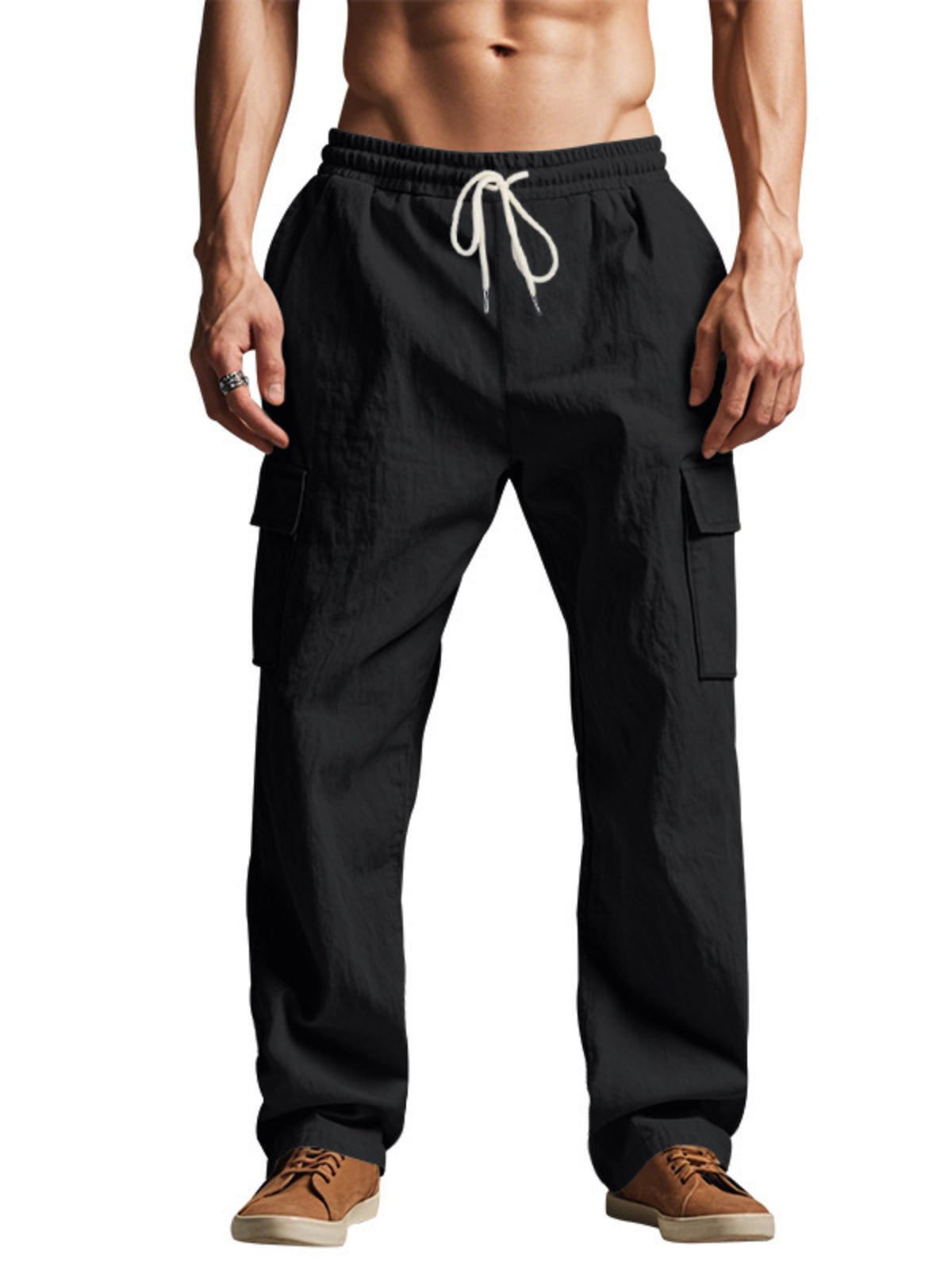 Men's Full Size Relaxed Fit Cargo Drawstring Pants Plus Size in Black