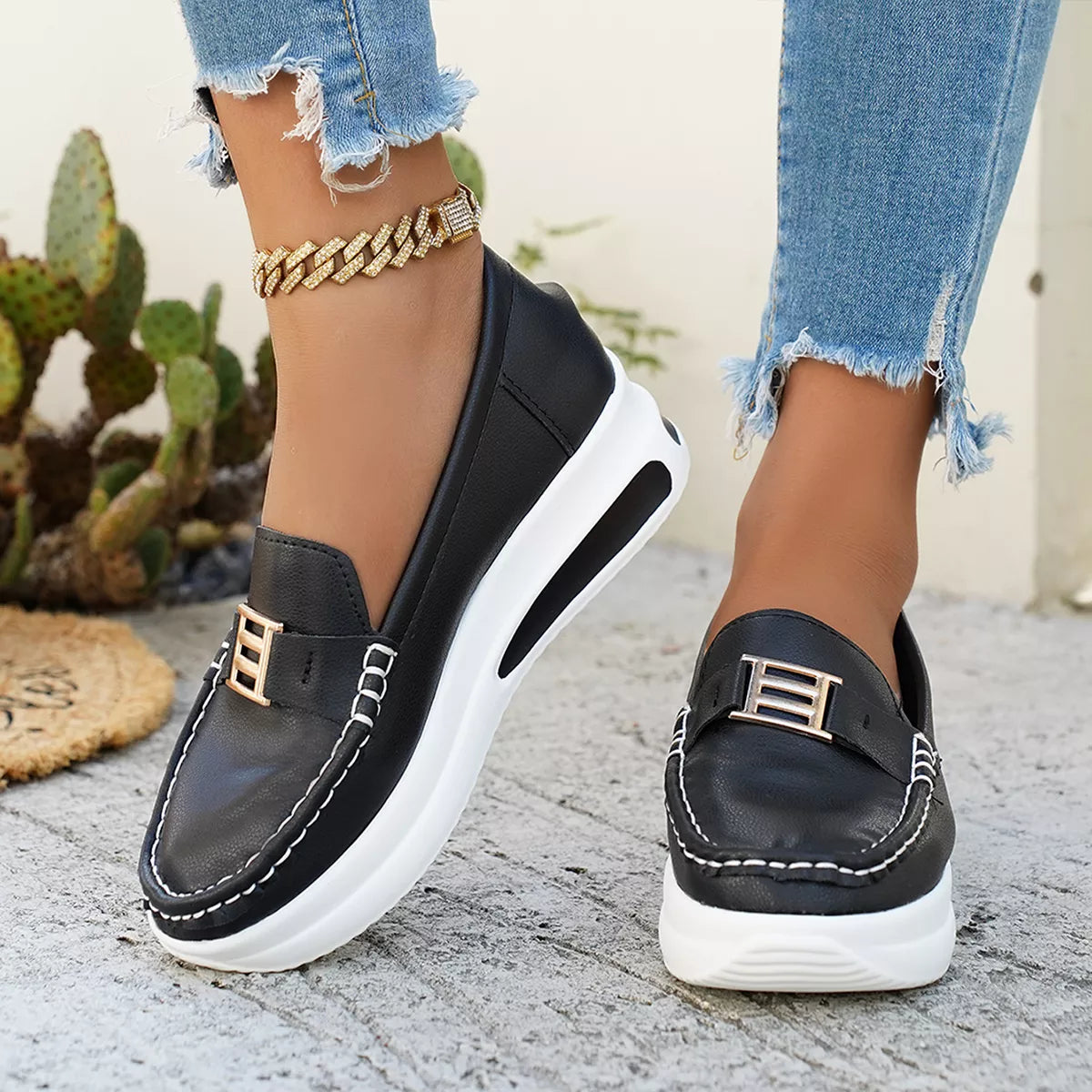 Metal Buckle Round Toe Slip-Ons in Black
